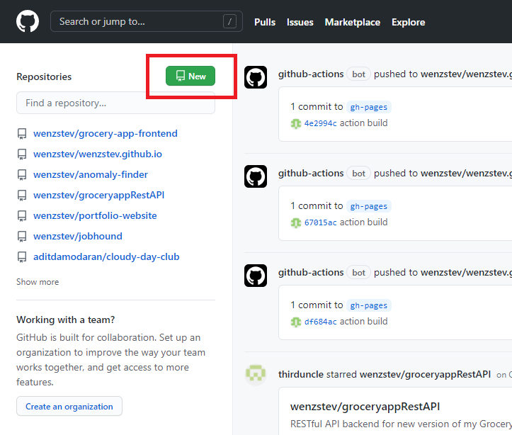 Picture of Github home page. The green "New" button is highlighted in red.