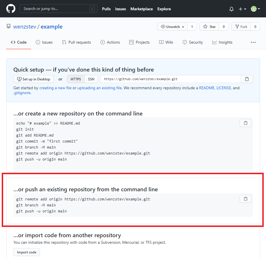 Page of instructions for how to set up the Github repository. The second optoon on the list, "push an existing repository from the command line" is highlighted.